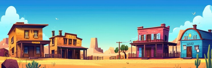 Wild West Desert Town with Buildings and Cacti