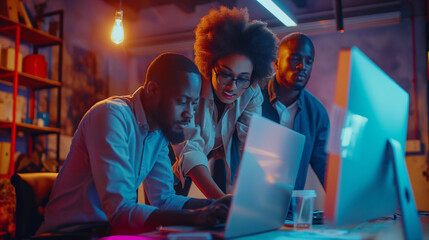 Fototapeta premium Business professionals working diligently in an office environment, collaborating on projects, signing documents, and holding meetings. Happy and productive workplace atmosphere with white-collar empl