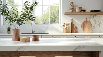 Modern kitchen interior with a marble countertop and wooden accessories, white cabinets, and a window for natural light