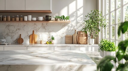 Modern kitchen interior with a marble countertop and wooden accessories, white cabinets, and a window for natural light