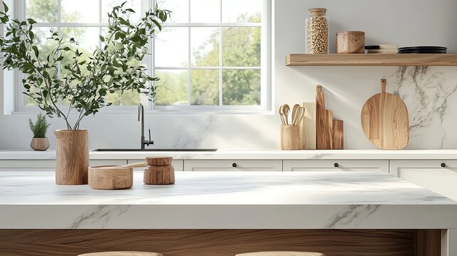Modern kitchen interior with a marble countertop and wooden accessories, white cabinets, and a window for natural light