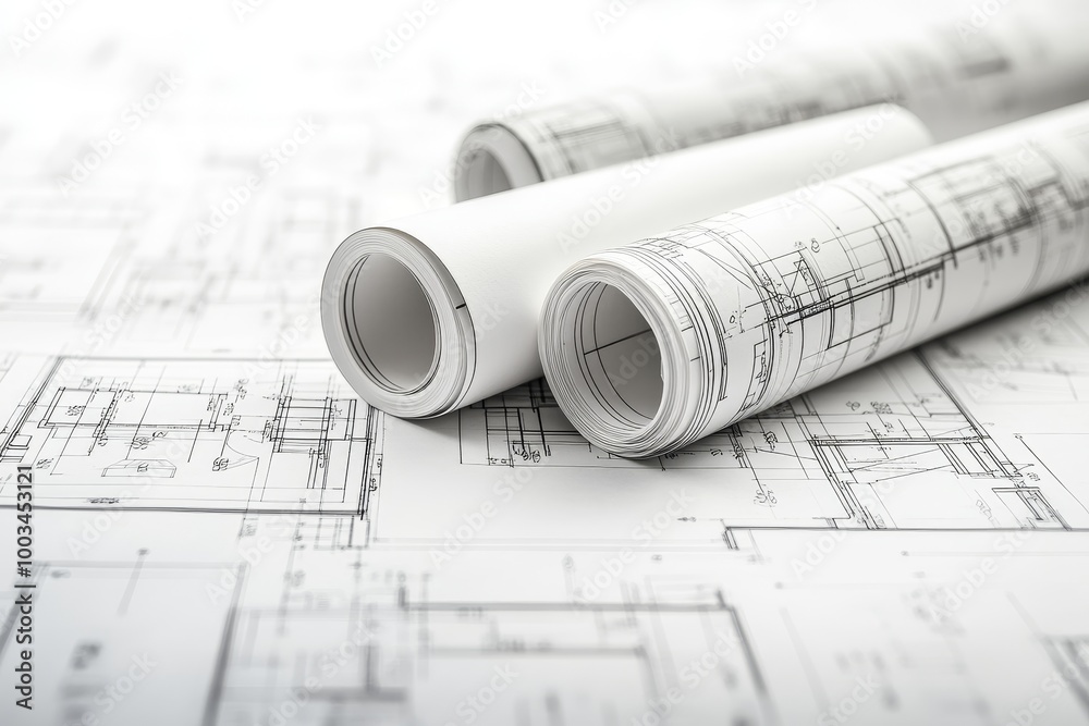 Poster Rolled up blueprints with technical drawings on a white table.