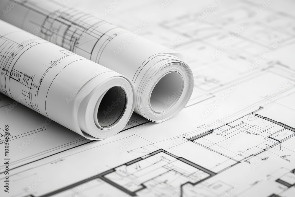 Poster rolled up blueprints with architectural drawings in the background.