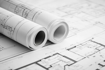 Rolled up blueprints with architectural drawings in the background.