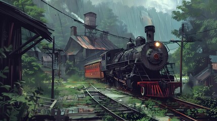 Naklejka premium Train by the village Wallpaper. Background