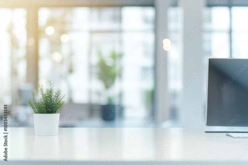 Aufkleber simple white desk with a plant and a computer monitor in a modern office with a blurred background.