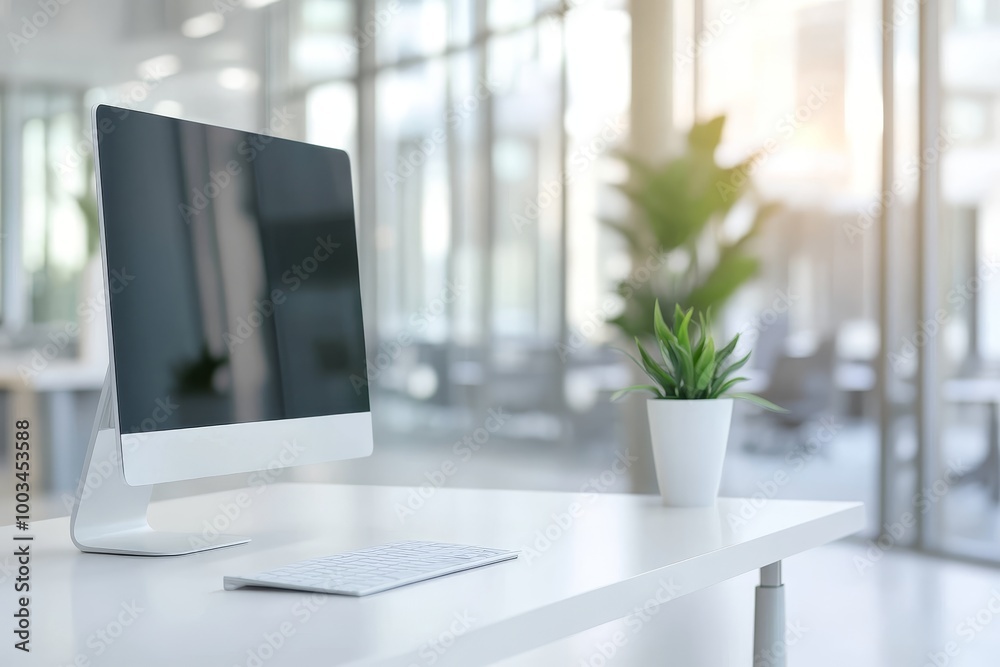 Poster minimalist workspace with a computer, keyboard, and plant on a white desk.