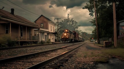 Fototapeta premium Train by the village Wallpaper. Background