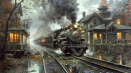 Train by the village Wallpaper. Background
