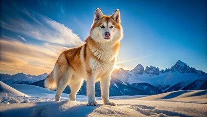 Fototapeta premium A majestic golden husky stands proudly amidst a snowy landscape, under a brilliant blue sky, embodying serenity and