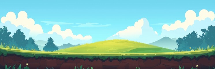 Fototapeta premium A cartoon landscape with a grassy hill, blue sky, and white clouds.