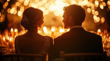 Bride and groom sitting at wedding reception with warm candlelight bokeh in the background