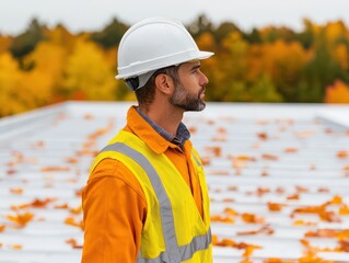 Construction worker in hard hat observes autumn surroundings, leaves scattered on the ground.