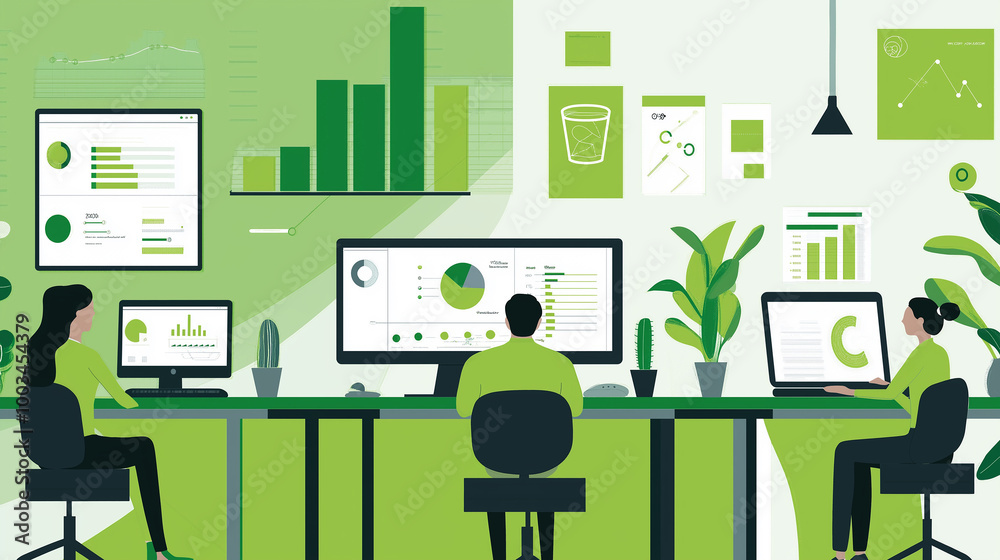 Aufkleber Office workers analyzing data on green computer screens in green office illustration