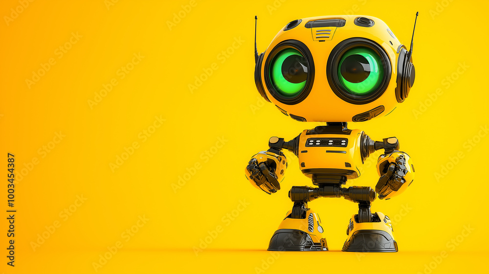 Poster cute yellow robot standing and posing on a yellow background