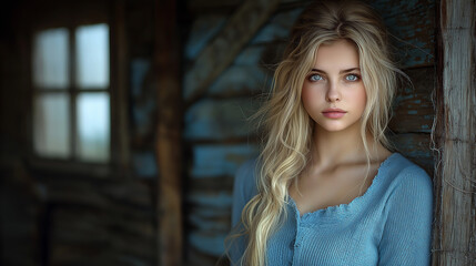 Fototapeta premium Beautiful blonde woman posing in front of an old barn wall