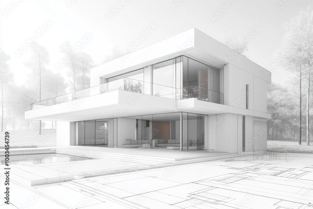Aufkleber modern home design blueprint with a pool and balcony.