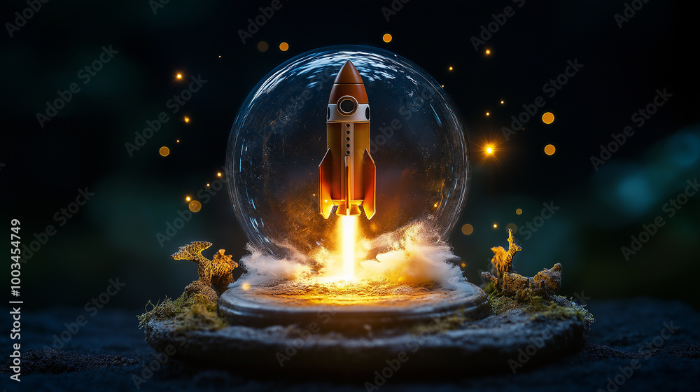 Poster miniature rocket taking off inside a snow globe with smoke and sparkles