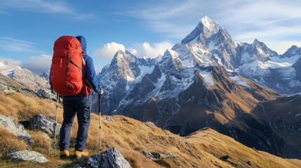 Fototapeta premium Adventurous Hiker Facing Majestic Mountain Landscape