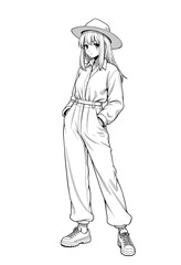 Contemporary Anime Fashion Art: Sleek Line Illustration of White-Haired Model - Adult Coloring Book Page Featuring Cutting-Edge Jumpsuit Design