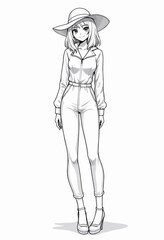 Stylish Anime Character Design: Minimalist Line Art of Fashion Model in Jumpsuit - Trendy Adult Coloring Page for Anime & Style Fans