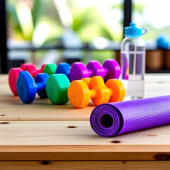 A natural wooden table with a neat display of fitness equipment like dumbbells and a yoga mat.