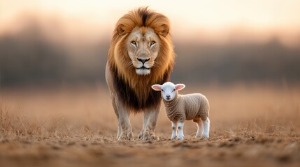 Majestic lion and a small lamb standing together in the serene landscape.