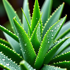 A close-up of a fresh, green aloe vera plant with droplets of water on its leaves.