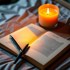 An open journal and pen next to a softly lit candle, with a focus on reflection and mental wellness.