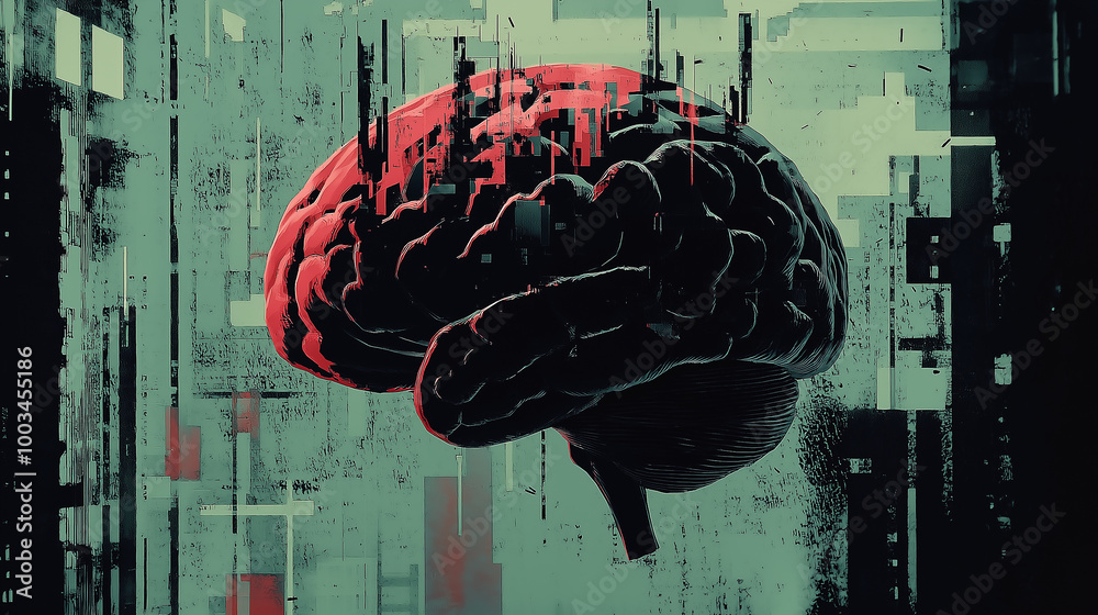 Poster human brain glitching losing connection on damaged background