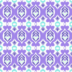 Purple, blue, and white embroidery, motif ethnic ikat seamless textile illustration, print striped ornament, pattern, design for wrapping, silk, scarf, clothing, textile, carpets, curtains.