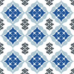 Fototapeta premium Blue, grey, and white embroidery, motif ethnic ikat seamless textile illustration, print striped ornament, pattern, design for wrapping, silk, scarf, clothing, textile, carpets, curtains.
