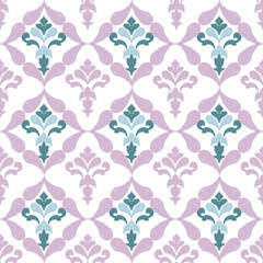 Purple, green, blue, and white embroidery, motif ethnic ikat seamless textile illustration, print striped ornament, pattern, design for wrapping, silk, scarf, clothing, textile, carpets, curtains.