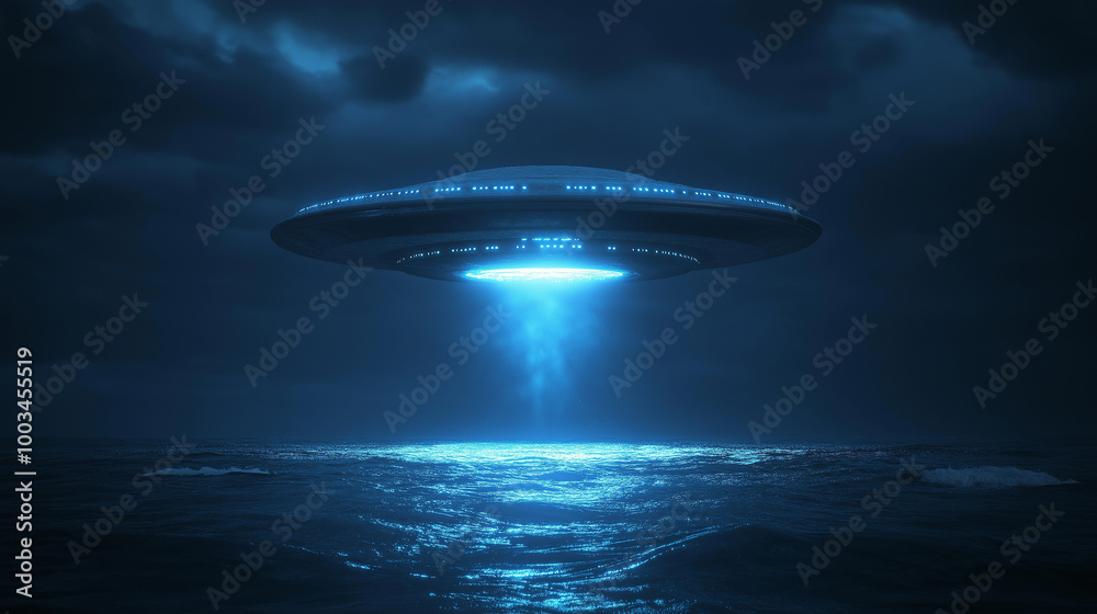 Poster unidentified flying object hovering over ocean at night emitting light beam