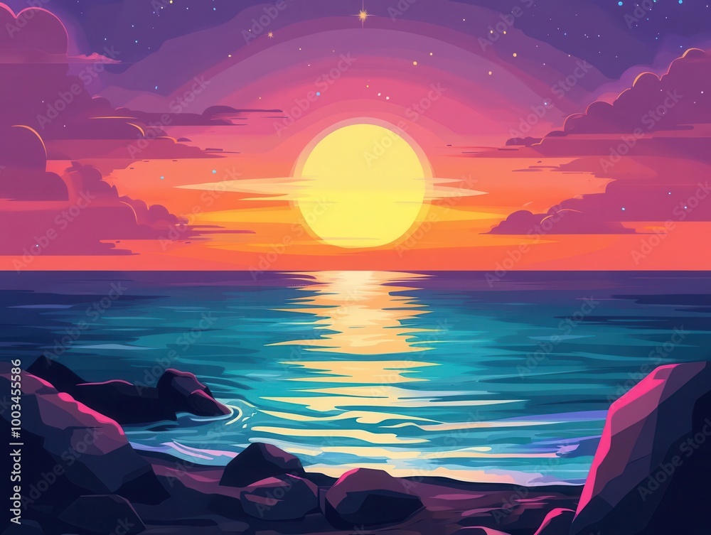 Wall mural sunset over the sea flat design front view evening beach cartoon drawing splitcomplementary color sc