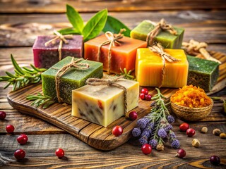 Artisan soaps blend herbal ingredients and earthy hues, beautifully arranged against a rustic wooden backdrop,