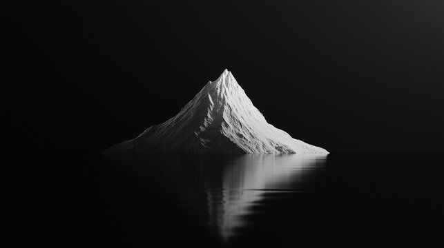 Minimalist white mountain peak reflecting in calm water surface on black background