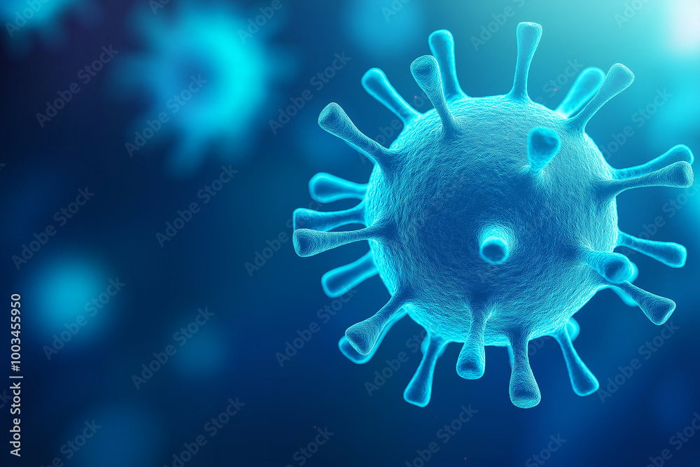 Poster microscopic virus closeup showing spikes floating in body system
