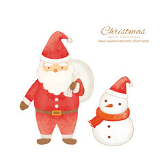 優しい水彩タッチの可愛いサンタクロースと雪だるまのイラスト
