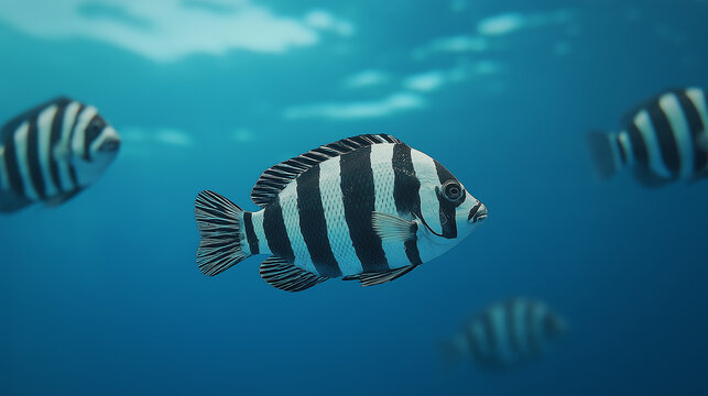 Sheepshead fish swimming in blue water with others around