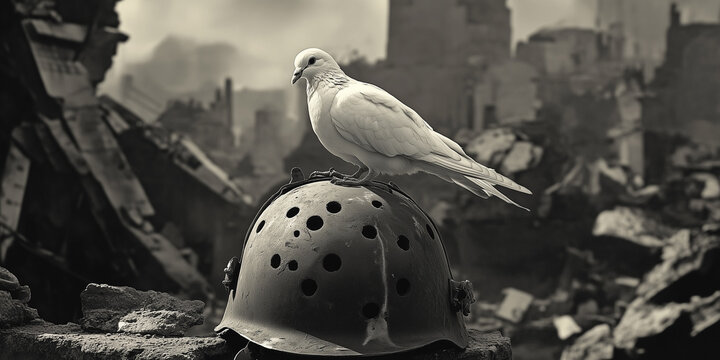 White dove of peace perched on a worn soldier&rsquo;s helmet or missile, surrounded by fresh green sprouts breaking through the earth, symbolizing peace and hope in the context of war and destruction.