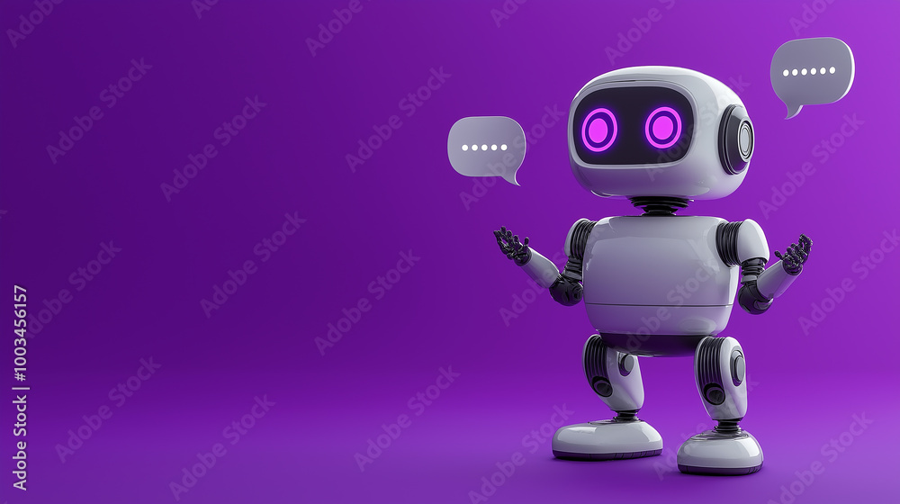 Poster White robot having a conversation and gesturing on purple background