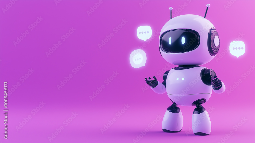 Poster White chatbot robot is showing chat bubbles on pink background