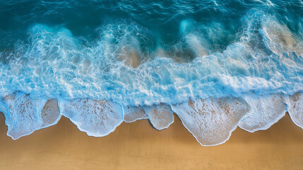 Fototapeta premium Turquoise ocean waves crashing on sandy beach aerial view