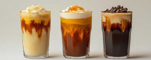 Three delicious coffee drinks in glasses, showcasing layers of cream and coffee, perfect for beverage lovers.