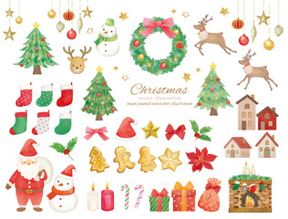 水彩タッチのかわいいクリスマスのイラスト素材セット