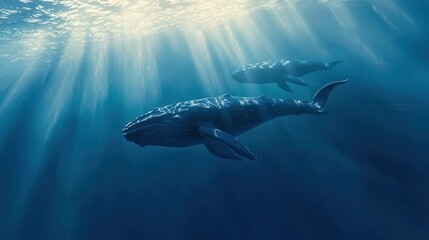 Fototapeta premium Majestic whales swim gracefully in the vast ocean depths, viewed from a wideangle shot, light filtering through the surface, shadows adding mystery to the blue abyss