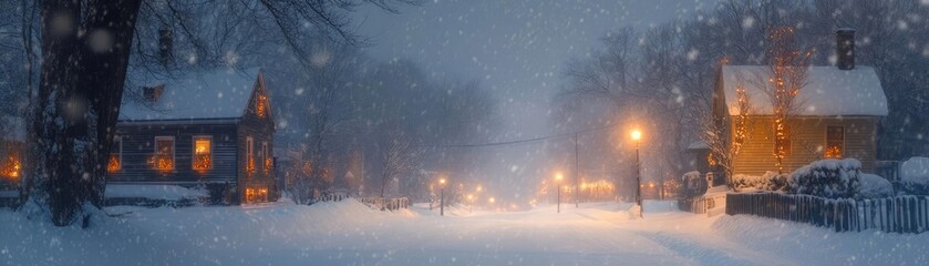 A serene winter scene with snow-covered streets and softly glowing lamps, capturing the magic of a snowy evening.