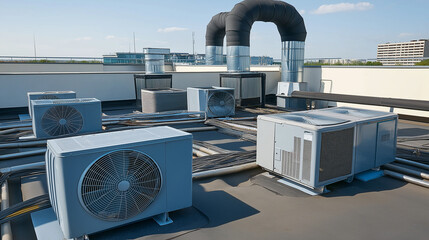 Air conditioning units working on a building rooftop on a sunny day