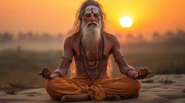 Indian sadhu man practicing yoga meditation at sunset